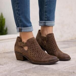 Born Brown Leather Perforated Buckle Booties Size 10M Comfort Shoes
